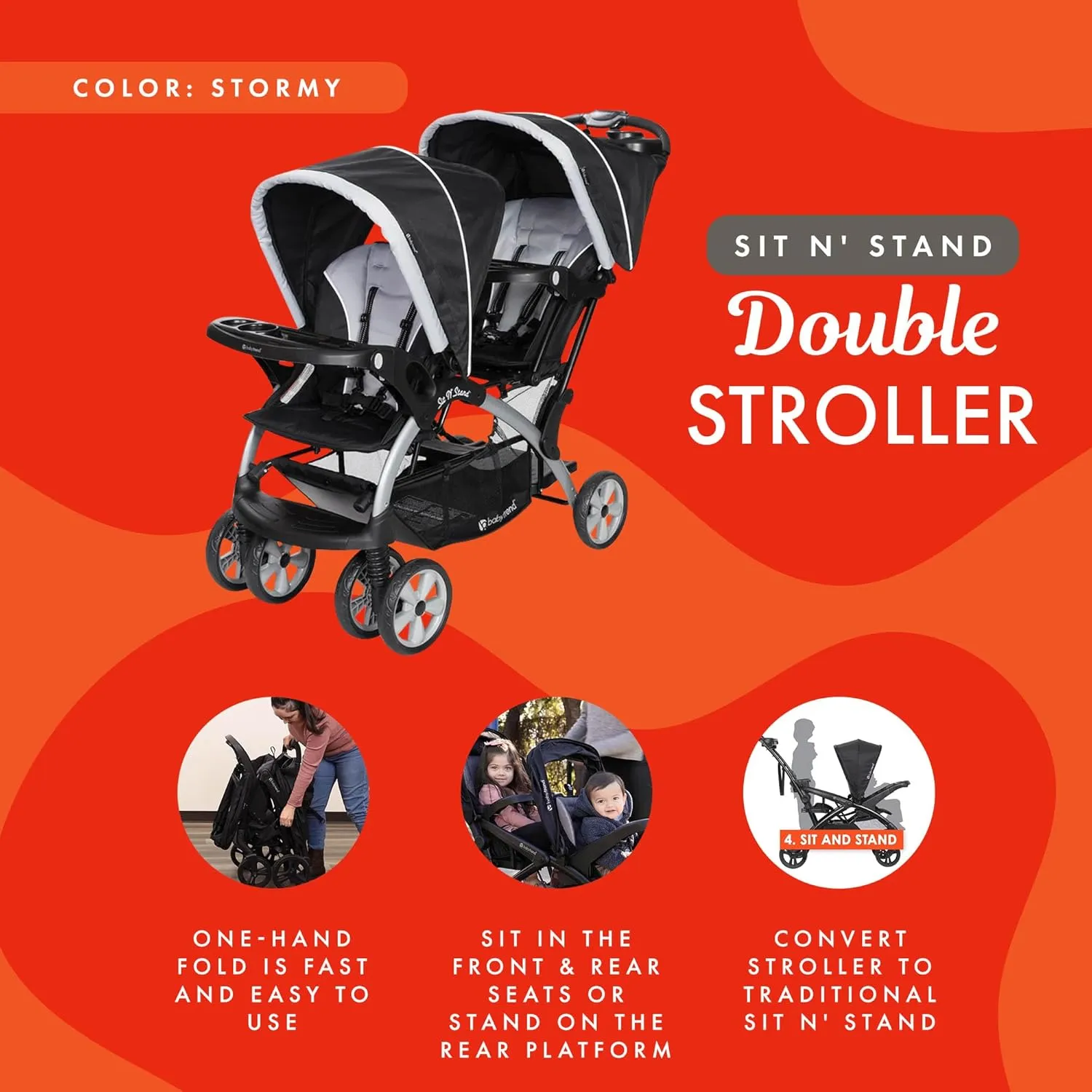 Baby Trend Double Infant and Toddler Stroller w/ Harness and Basket, Sit N' Stand, Stormy