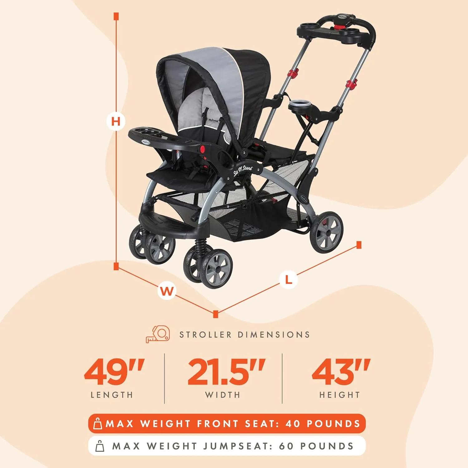 Baby Trend Sit N' Stand Children Kids Lightweight Foldable Portable Dual Front and Back Seat Ultra Stroller with Parent and Child Tray, Phantom