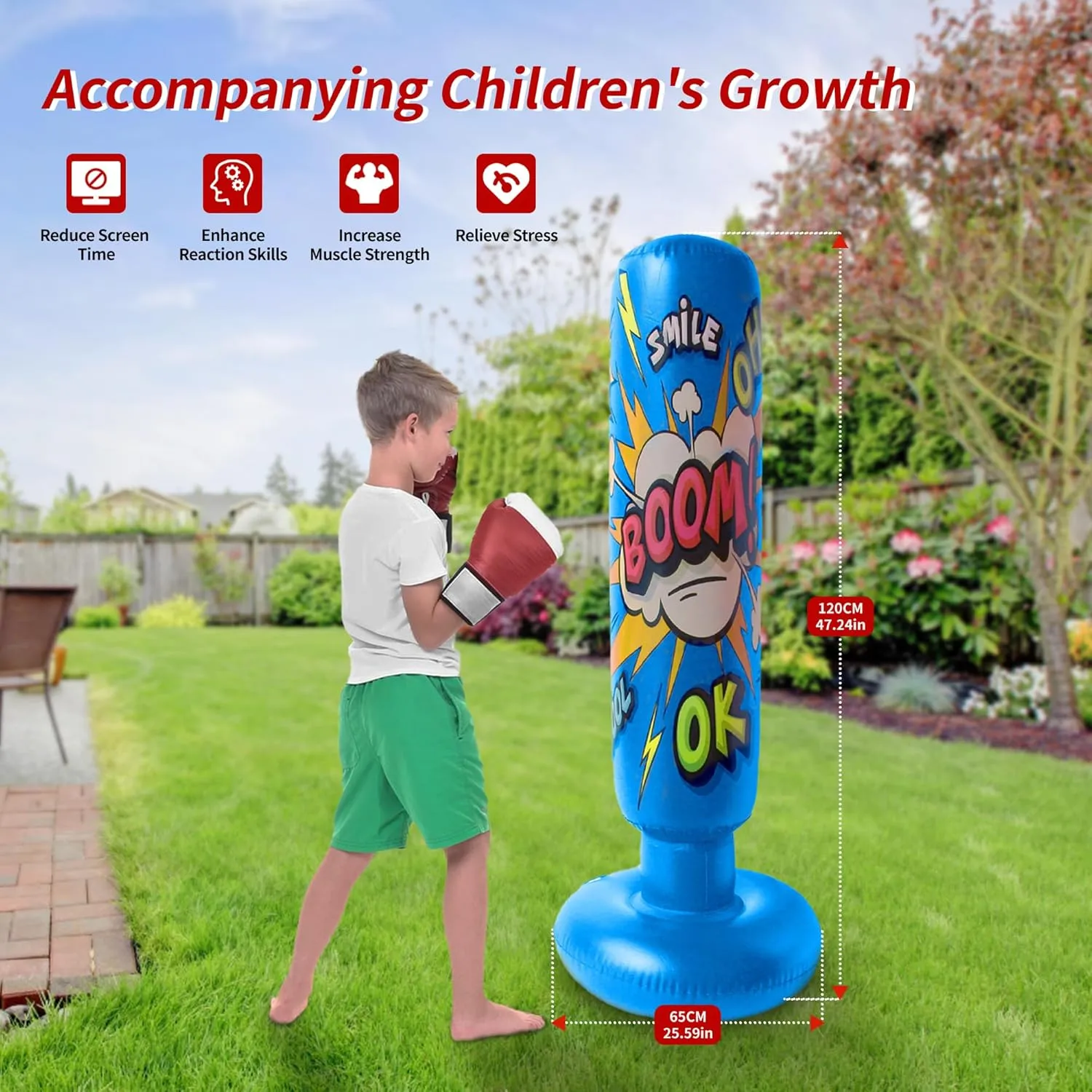 Baiao Punching Bag, Inflatable Kids Boxing Bag for Kids 3-12, Boxing Equipment for Child and Adults, Christmas, Birthday Gifts, Punching Bag Practice Karate, Taekwondo