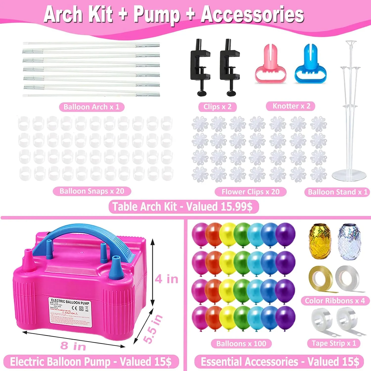 Balloon Pump Balloon Arch Kit, 170 Pcs Electric Balloon Air Pump Balloon Inflator with 12Ft Balloon Arch Stand and 100 Pcs Balloons for Birthday Wedding Party Christmas