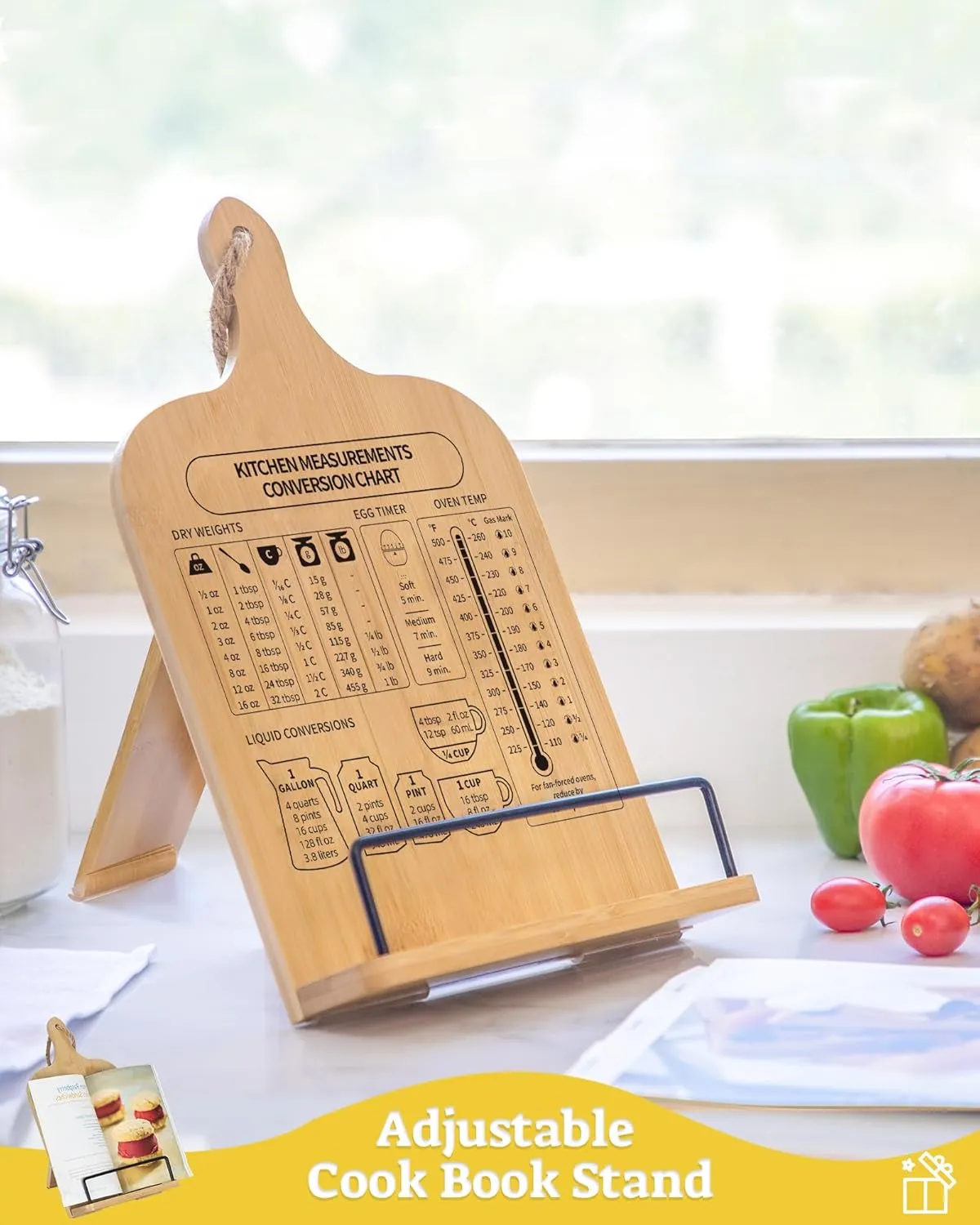 Bamboo Cookbook Stand, Sturdy Cook Book Holder, Recipe Book Holder with Measurement Conversion Chart, Cookbook Stand for Kitchen Counters, Essential Accessories for Holding Cookbooks