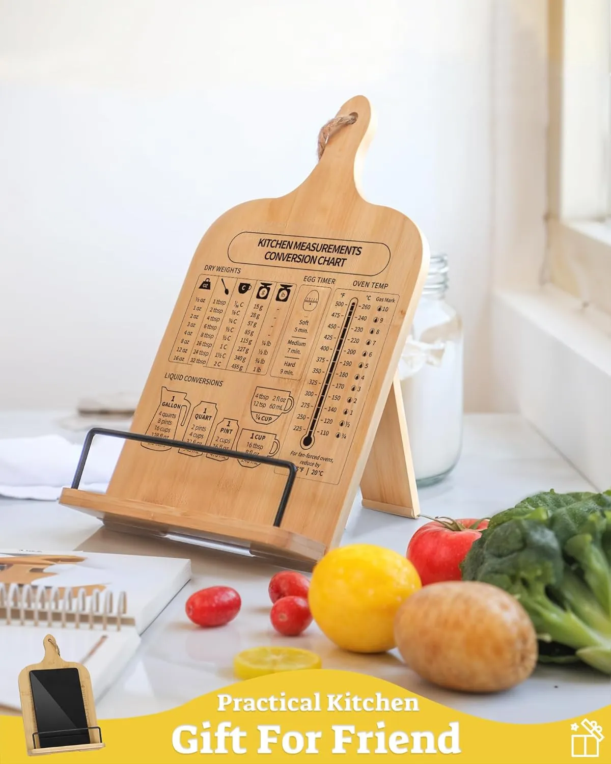 Bamboo Cookbook Stand, Sturdy Cook Book Holder, Recipe Book Holder with Measurement Conversion Chart, Cookbook Stand for Kitchen Counters, Essential Accessories for Holding Cookbooks