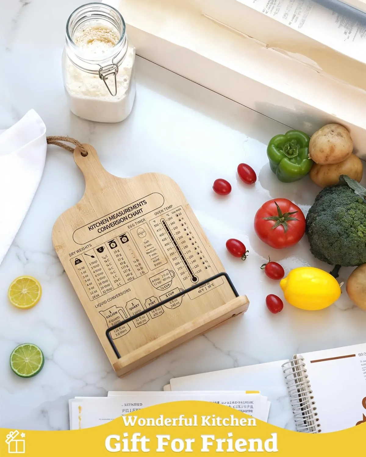 Bamboo Cookbook Stand, Sturdy Cook Book Holder, Recipe Book Holder with Measurement Conversion Chart, Cookbook Stand for Kitchen Counters, Essential Accessories for Holding Cookbooks