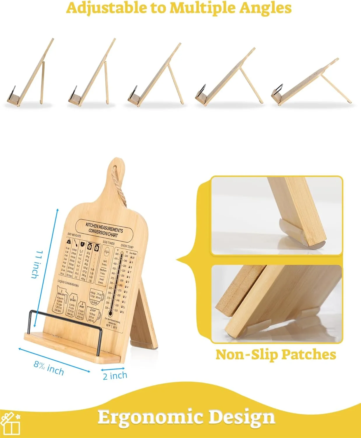 Bamboo Cookbook Stand, Sturdy Cook Book Holder, Recipe Book Holder with Measurement Conversion Chart, Cookbook Stand for Kitchen Counters, Essential Accessories for Holding Cookbooks