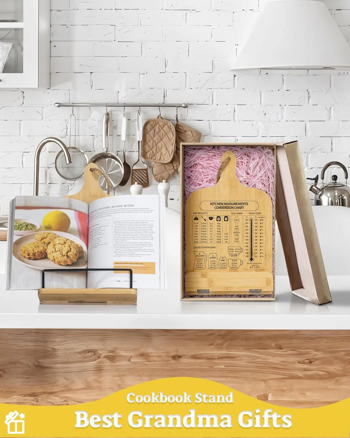 Bamboo Cookbook Stand, Sturdy Cook Book Holder, Recipe Book Holder with Measurement Conversion Chart, Cookbook Stand for Kitchen Counters, Essential Accessories for Holding Cookbooks