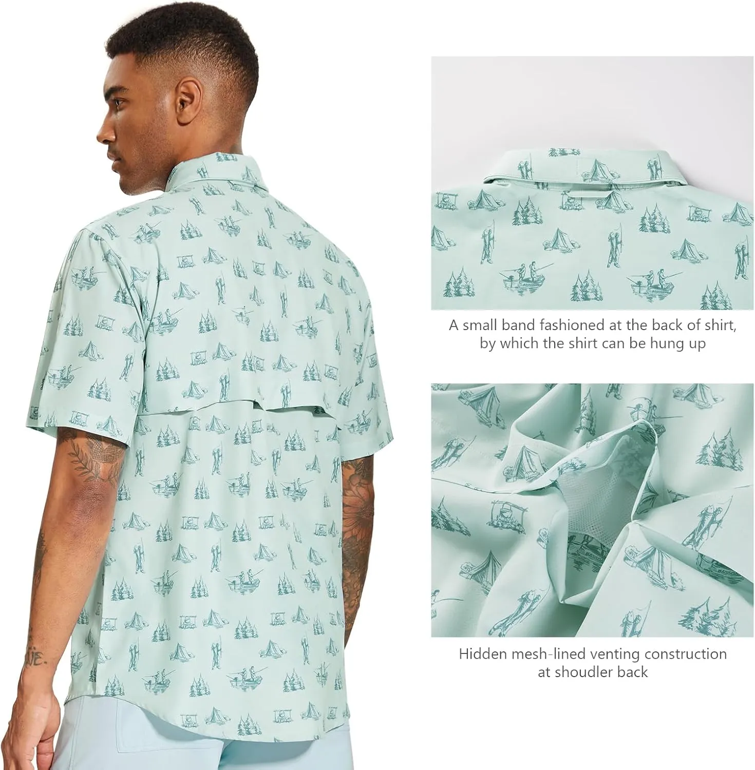 BASSDASH Men's UPF 50  Short Sleeve Button Down Fishing Shirt Breathable Lightweight for Outdoors Hiking Camping