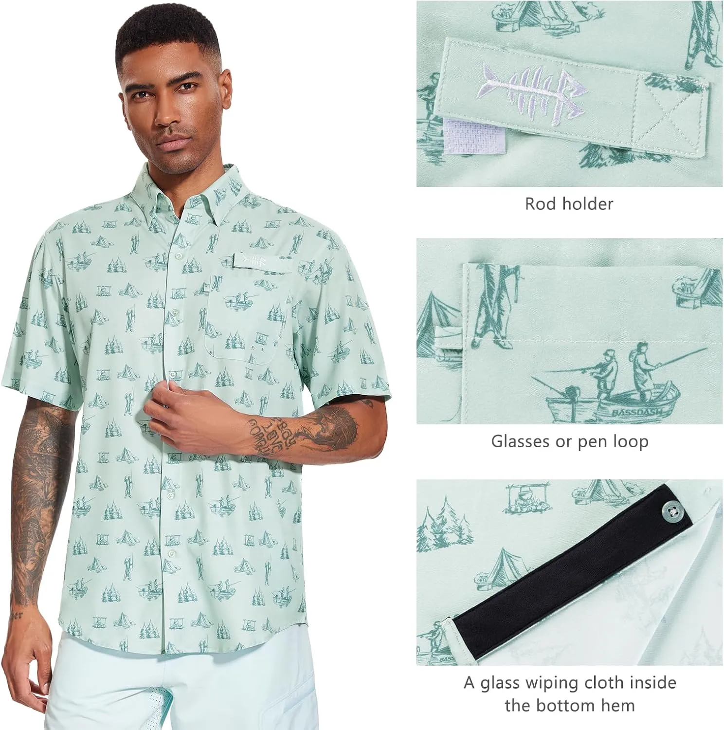 BASSDASH Men's UPF 50  Short Sleeve Button Down Fishing Shirt Breathable Lightweight for Outdoors Hiking Camping