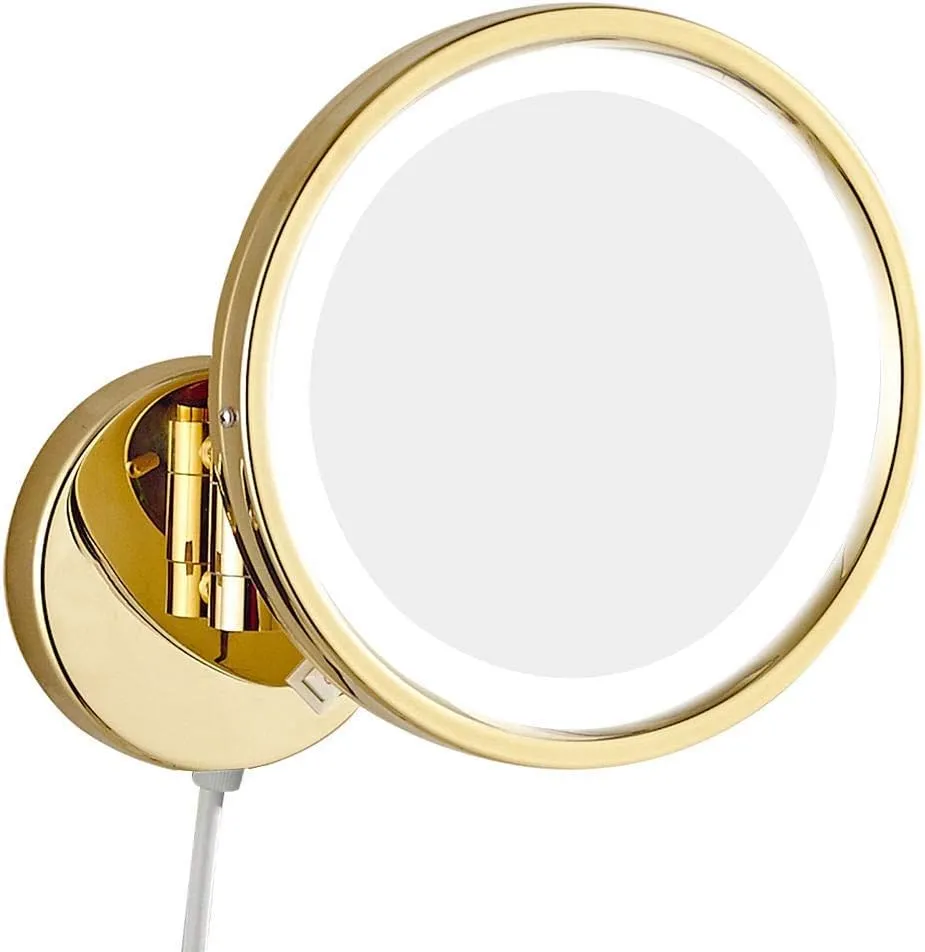 Bathroom Makeup Mirrors, Gold Wall Mounted Vanity Single Sided Brass Lighted Magnifying Shaving Folding with Switch Plug(3X)