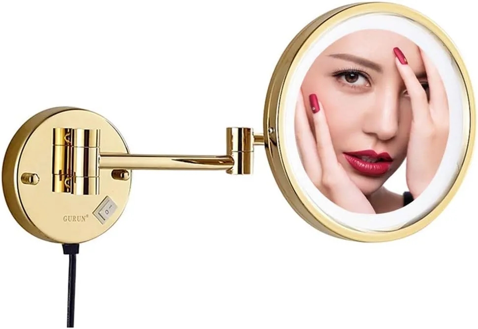 Bathroom Makeup Mirrors, Gold Wall Mounted Vanity Single Sided Brass Lighted Magnifying Shaving Folding with Switch Plug(3X)