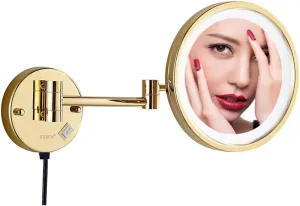 Bathroom Makeup Mirrors, Gold Wall Mounted Vanity Single Sided Brass Lighted Magnifying Shaving Folding with Switch Plug(3X)