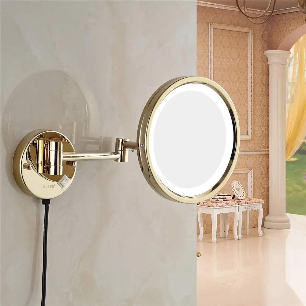 Bathroom Makeup Mirrors, Gold Wall Mounted Vanity Single Sided Brass Lighted Magnifying Shaving Folding with Switch Plug(3X)