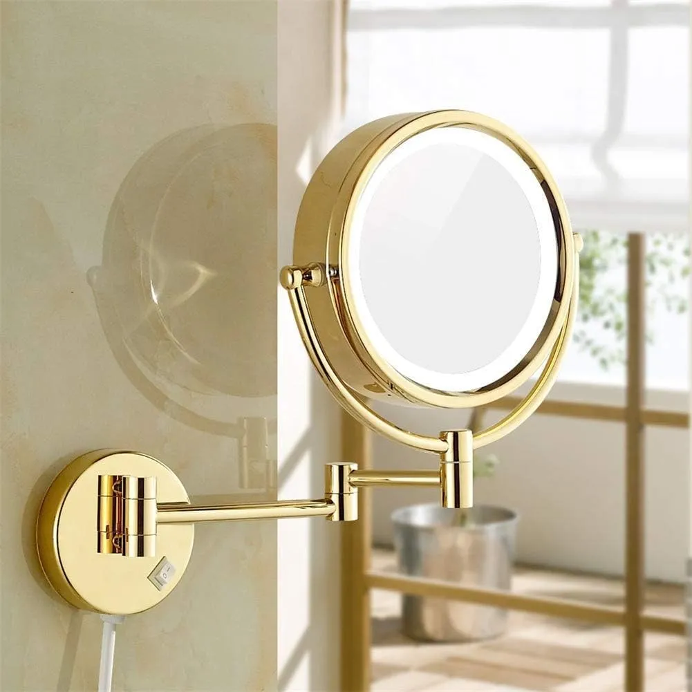 Bathroom Makeup Mirrors, Wall Mounted Vanity Double Sided Brass Lighted Magnifying Shaving Folding with Switch Plug(Gold,5X)