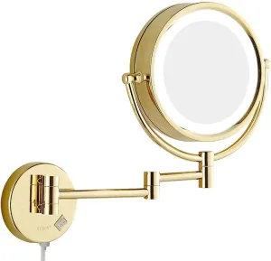 Bathroom Makeup Mirrors, Wall Mounted Vanity Double Sided Brass Lighted Magnifying Shaving Folding with Switch Plug(Gold,5X)