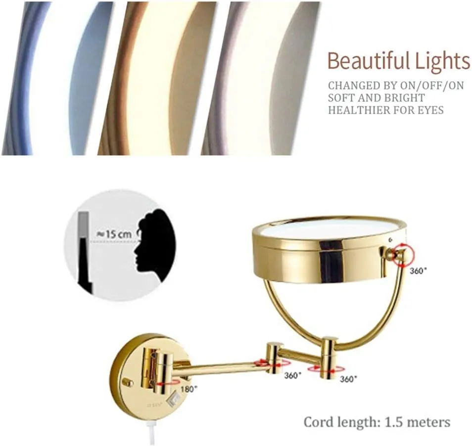 Bathroom Makeup Mirrors, Wall Mounted Vanity Double Sided Brass Lighted Magnifying Shaving Folding with Switch Plug(Gold,5X)
