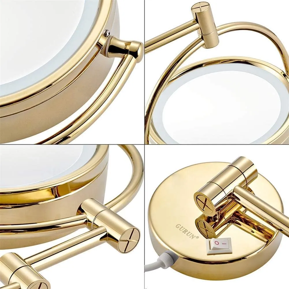 Bathroom Makeup Mirrors, Wall Mounted Vanity Double Sided Brass Lighted Magnifying Shaving Folding with Switch Plug(Gold,5X)