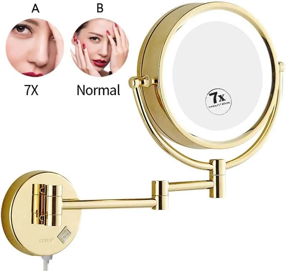 Bathroom Makeup Mirrors, Wall Mounted Vanity Double Sided Brass Lighted Magnifying Shaving Folding with Switch Plug(Gold,5X)