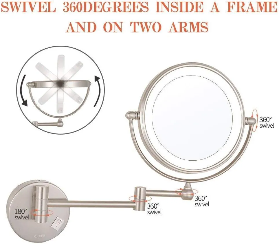 Bathroom Wall Mounted Makeup Mirrors,8 Inch Double Sided Brass Magnifying Vanity Shaving Foldable Switch Electrical Plug(Nickel,7X)