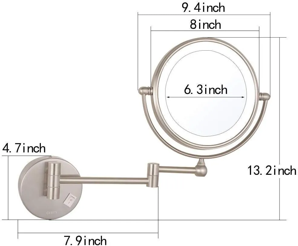 Bathroom Wall Mounted Makeup Mirrors,8 Inch Double Sided Brass Magnifying Vanity Shaving Foldable Switch Electrical Plug(Nickel,7X)