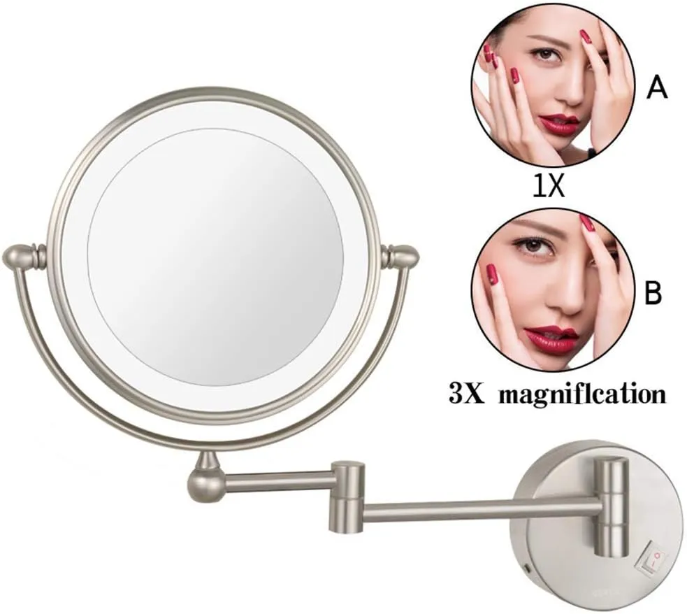 Bathroom Wall Mounted Makeup Mirrors,8 Inch Double Sided Brass Magnifying Vanity Shaving Foldable Switch Electrical Plug(Nickel,7X)
