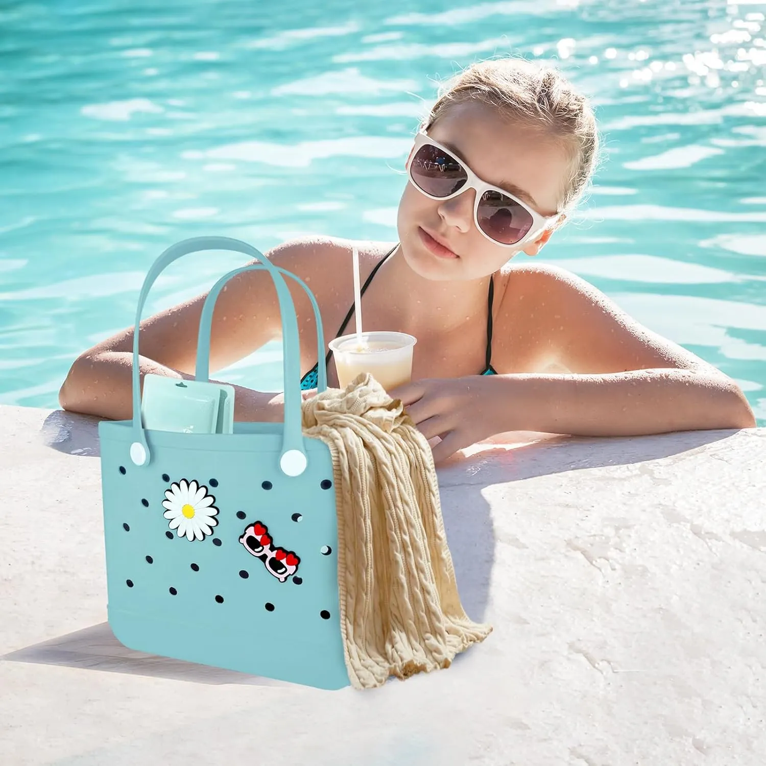 Beach Bag Rubber Tote Bag - Extra Large Handbag with Charms Waterproof Lightweight Travel Purses for Pool Boat