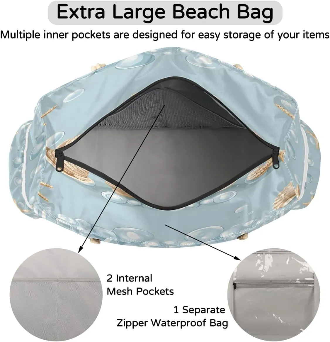 Beach Bags for Women, Large Waterproof Beach Tote Bag for Gym Grocery Travel