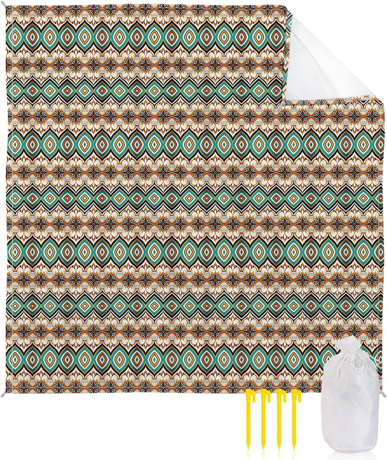 Beach Blanket Sandproof, Boho Abstract Geometric Flowers Pattern Waterproof Beach Mat Lightweight Quick Drying Picnic Blanket Beach Essentials for Travel Camping Hiking 95x80in