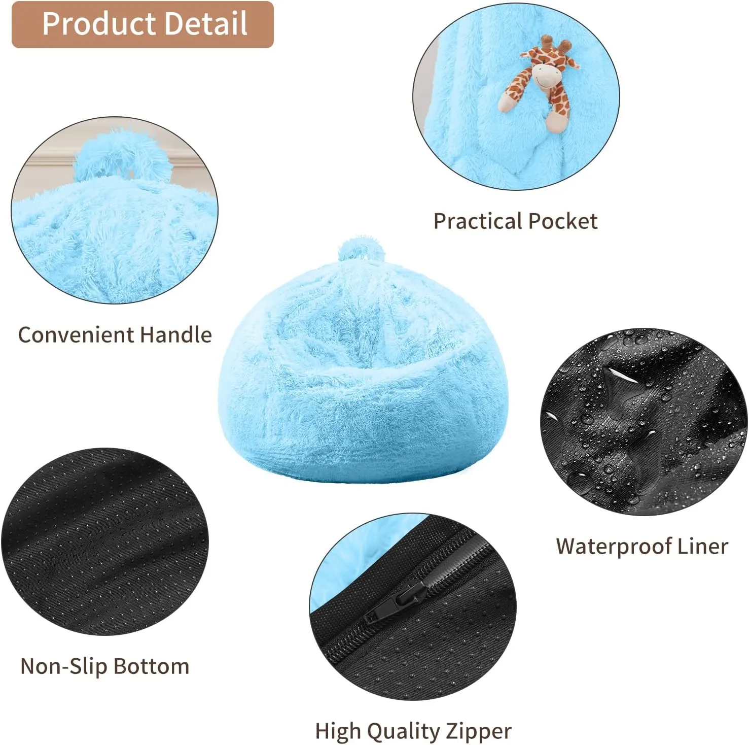 Bean Bag Chair Cover (No Filler), Soft Faux Fur Washable Covers with Pocket, Adult Kid Stuffed Animal Bean Bag Chairs Organizer, Light Blue