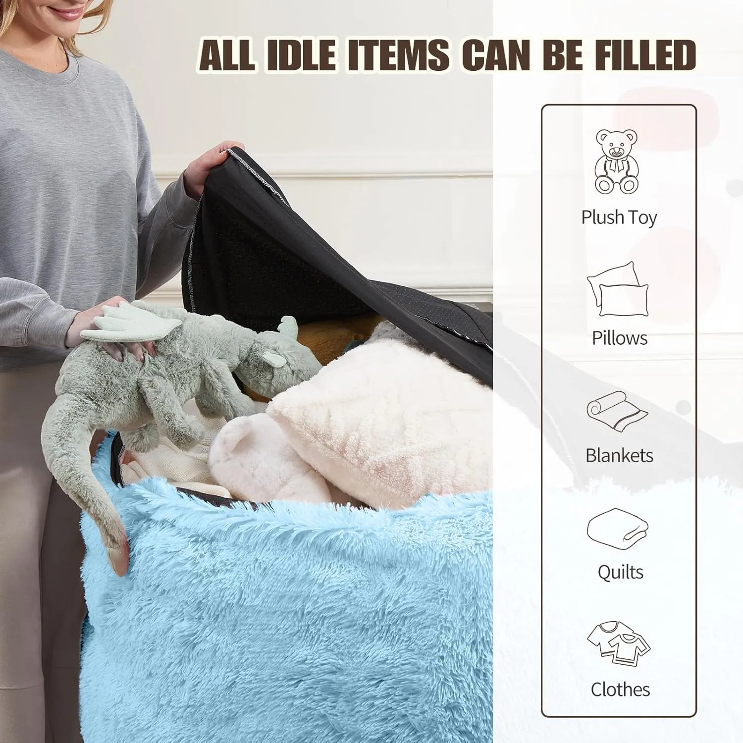 Bean Bag Chair Cover (No Filler), Soft Faux Fur Washable Covers with Pocket, Adult Kid Stuffed Animal Bean Bag Chairs Organizer, Light Blue