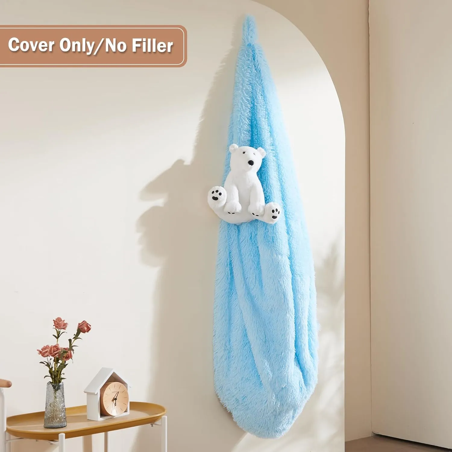Bean Bag Chair Cover (No Filler), Soft Faux Fur Washable Covers with Pocket, Adult Kid Stuffed Animal Bean Bag Chairs Organizer, Light Blue
