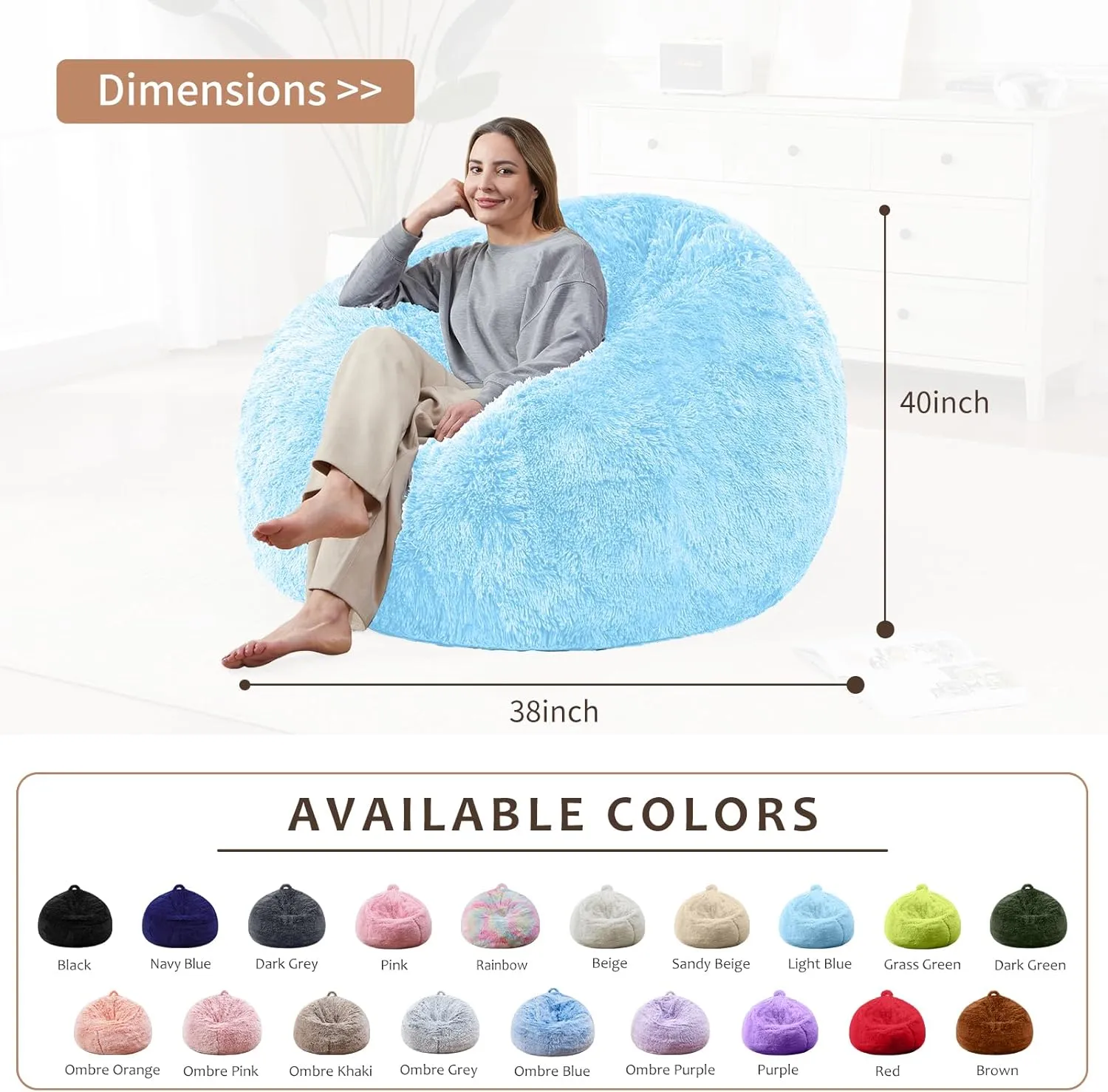 Bean Bag Chair Cover (No Filler), Soft Faux Fur Washable Covers with Pocket, Adult Kid Stuffed Animal Bean Bag Chairs Organizer, Light Blue