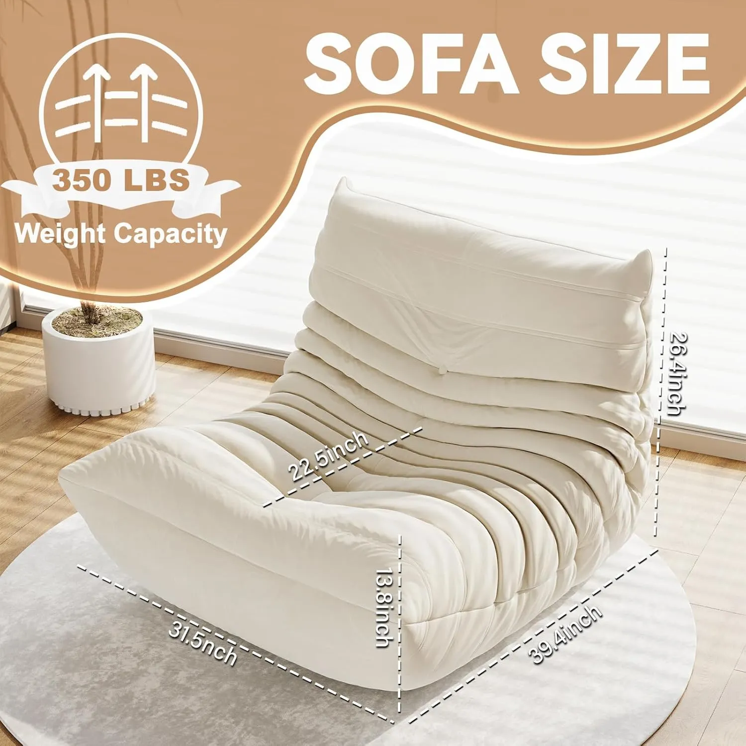 Bean Bag Chair for Adults, Lazy Floor Sofa Couch - Adult Size with Soft Waterproof Fabric for Living Room, Apartments, Reading Corner, Gaming, and Movie Venue (White)