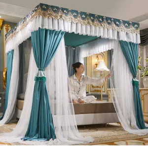 Bed Canopy for Twin Queen King, 4 Corner Post Palace Style Bed Curtain Luxury Mosquito Net with Metal Stand (Color : Green-1, Size : 200X220cm/79X87inch)