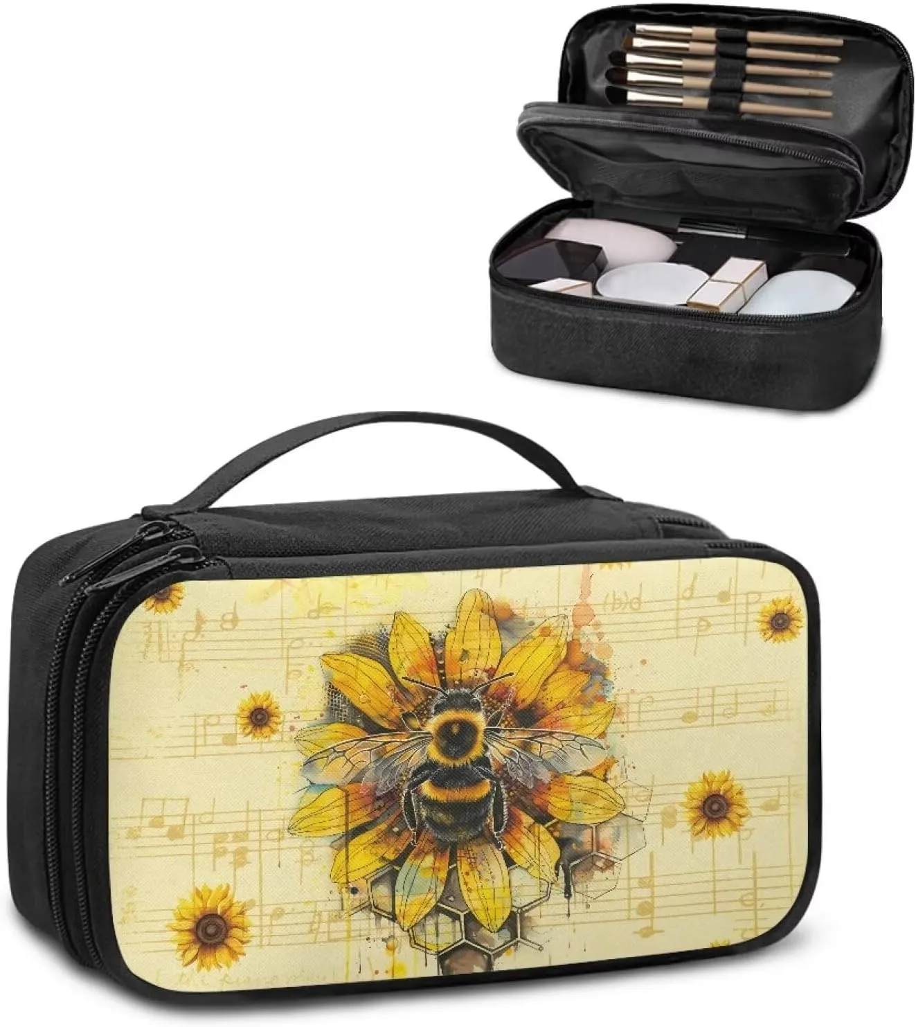 Bee Sunflowers Cosmetic Bag Travel Makeup Bag with Brush Holder Music Notes Toiletry Bag for Women Travel Case for Skincare Products Lightweight Travel Makeup Organizer Bags