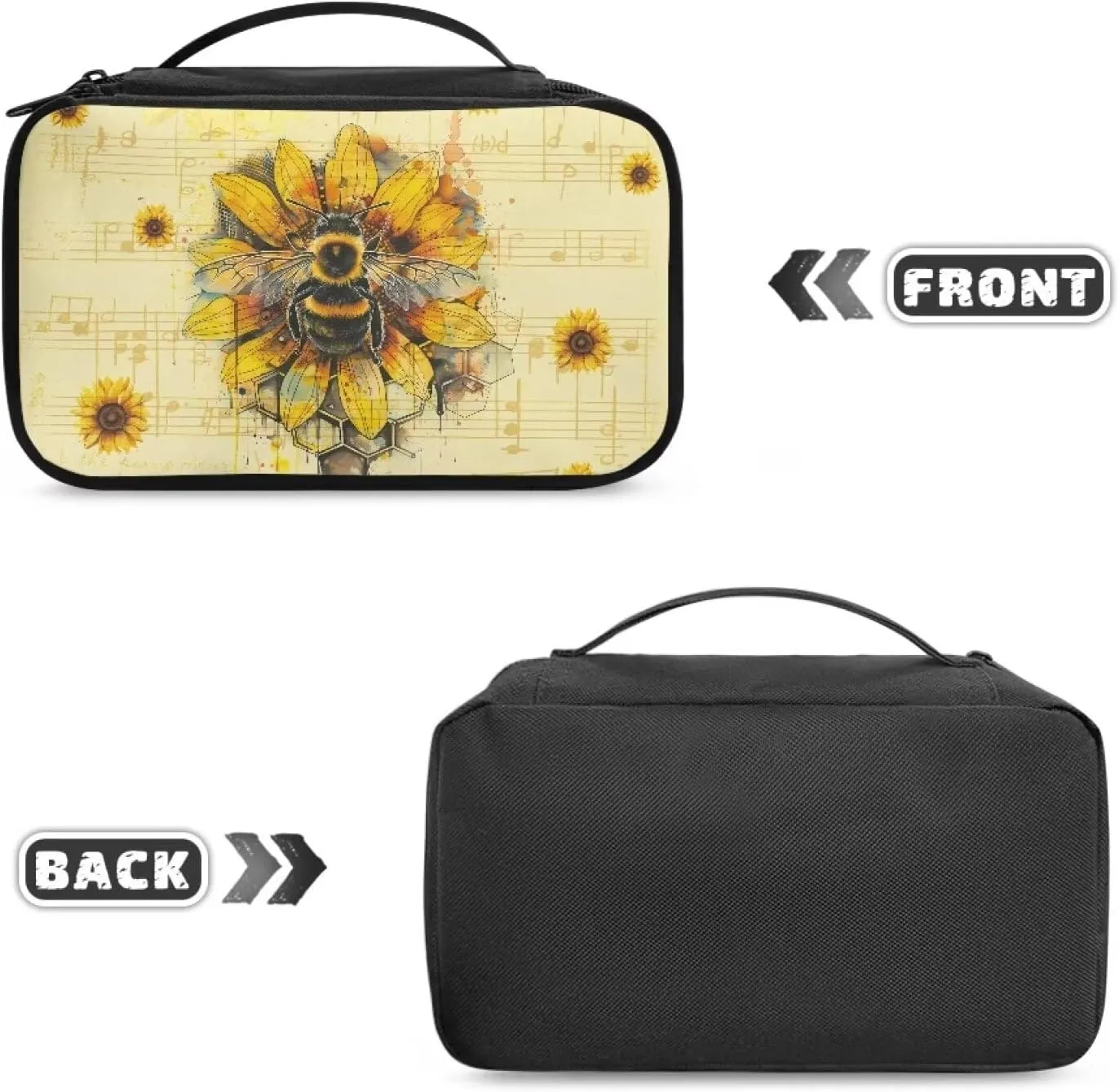 Bee Sunflowers Cosmetic Bag Travel Makeup Bag with Brush Holder Music Notes Toiletry Bag for Women Travel Case for Skincare Products Lightweight Travel Makeup Organizer Bags