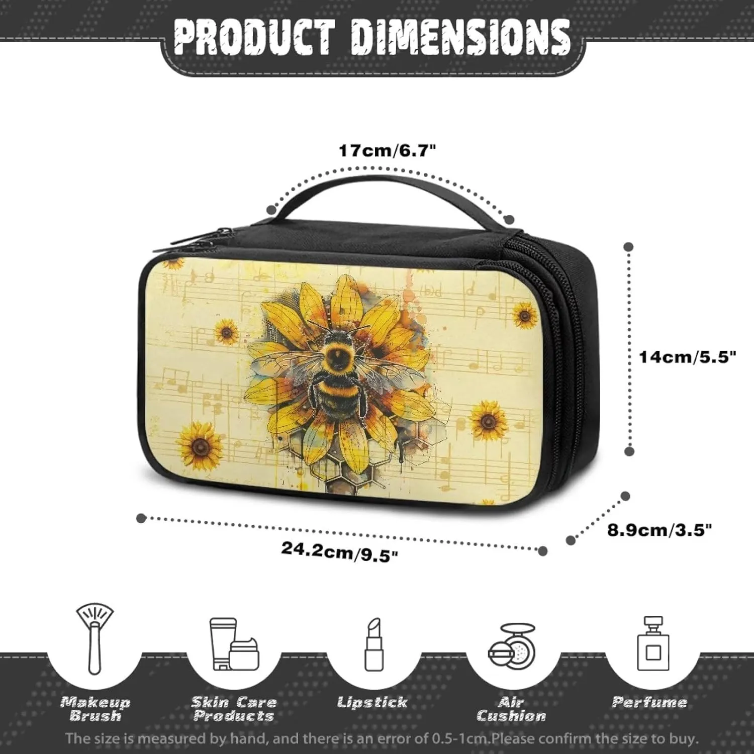 Bee Sunflowers Cosmetic Bag Travel Makeup Bag with Brush Holder Music Notes Toiletry Bag for Women Travel Case for Skincare Products Lightweight Travel Makeup Organizer Bags