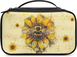 Bee Sunflowers Cosmetic Bag Travel Makeup Bag with Brush Holder Music Notes Toiletry Bag for Women Travel Case for Skincare Products Lightweight Travel Makeup Organizer Bags