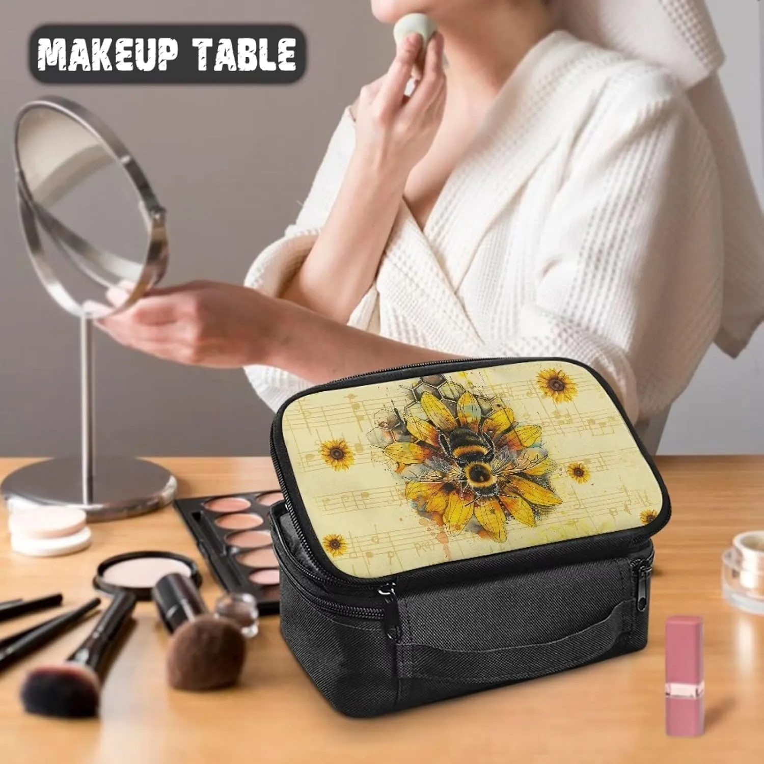 Bee Sunflowers Cosmetic Bag Travel Makeup Bag with Brush Holder Music Notes Toiletry Bag for Women Travel Case for Skincare Products Lightweight Travel Makeup Organizer Bags