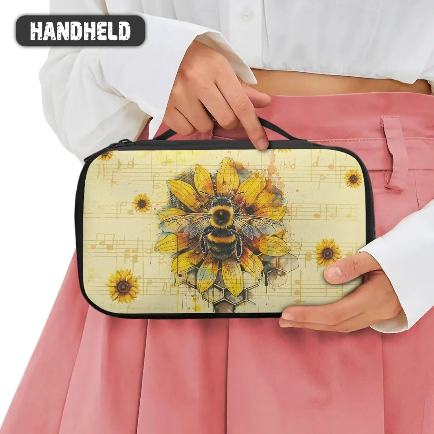 Bee Sunflowers Cosmetic Bag Travel Makeup Bag with Brush Holder Music Notes Toiletry Bag for Women Travel Case for Skincare Products Lightweight Travel Makeup Organizer Bags