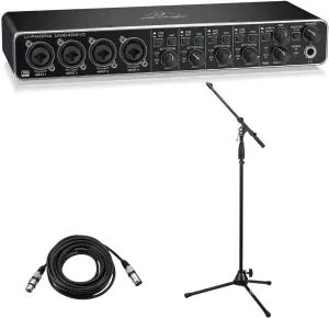 Behringer U-PHORIA UMC404HD USB 2.0 Audio/MIDI Interface - Bundle With M XLR3F to XLR3M Cable 20', Lightweight Boom Mic Stand, Microfiber Cloth
