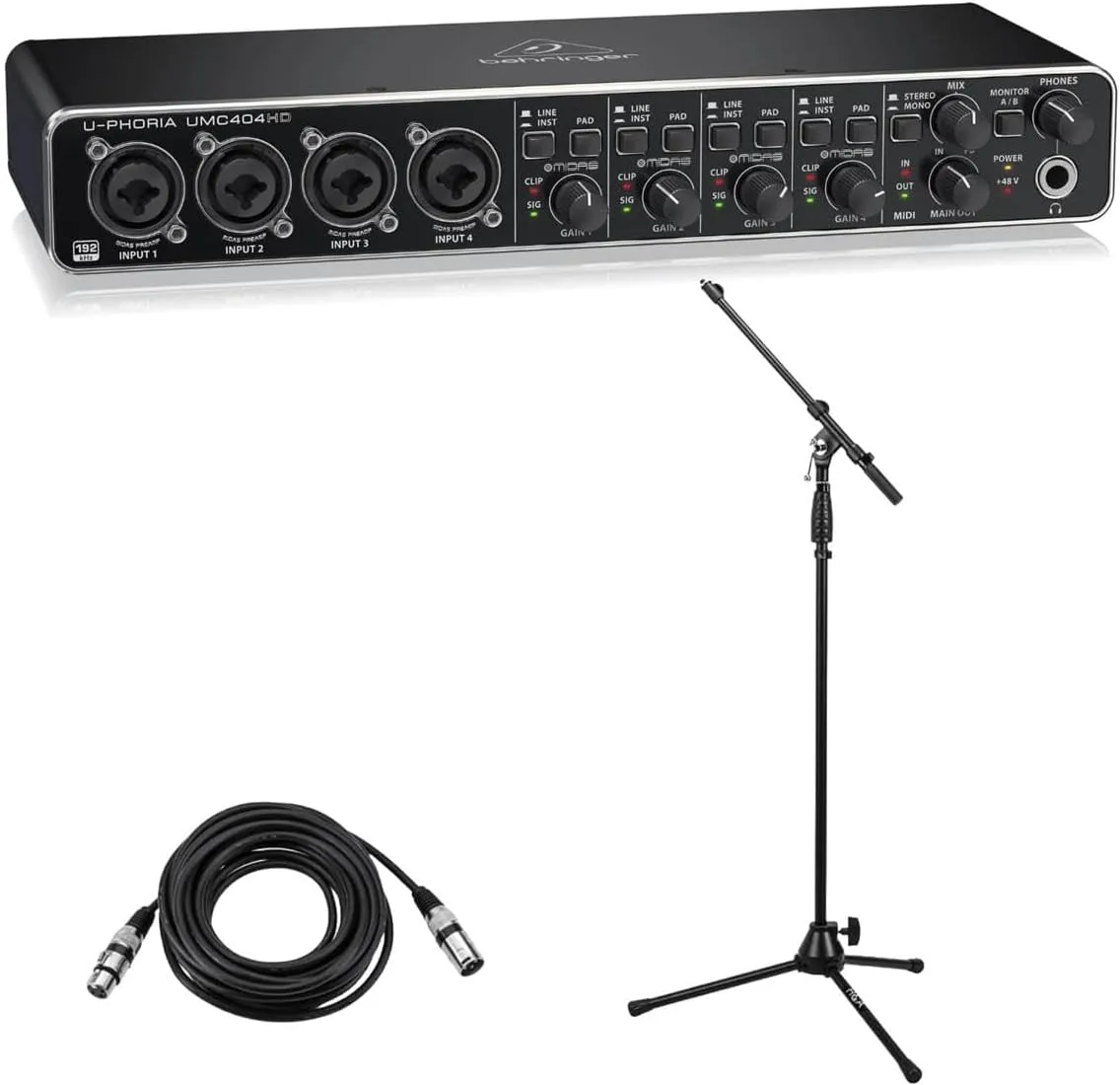 Behringer U-PHORIA UMC404HD USB 2.0 Audio/MIDI Interface - Bundle With M XLR3F to XLR3M Cable 20', Lightweight Boom Mic Stand, Microfiber Cloth