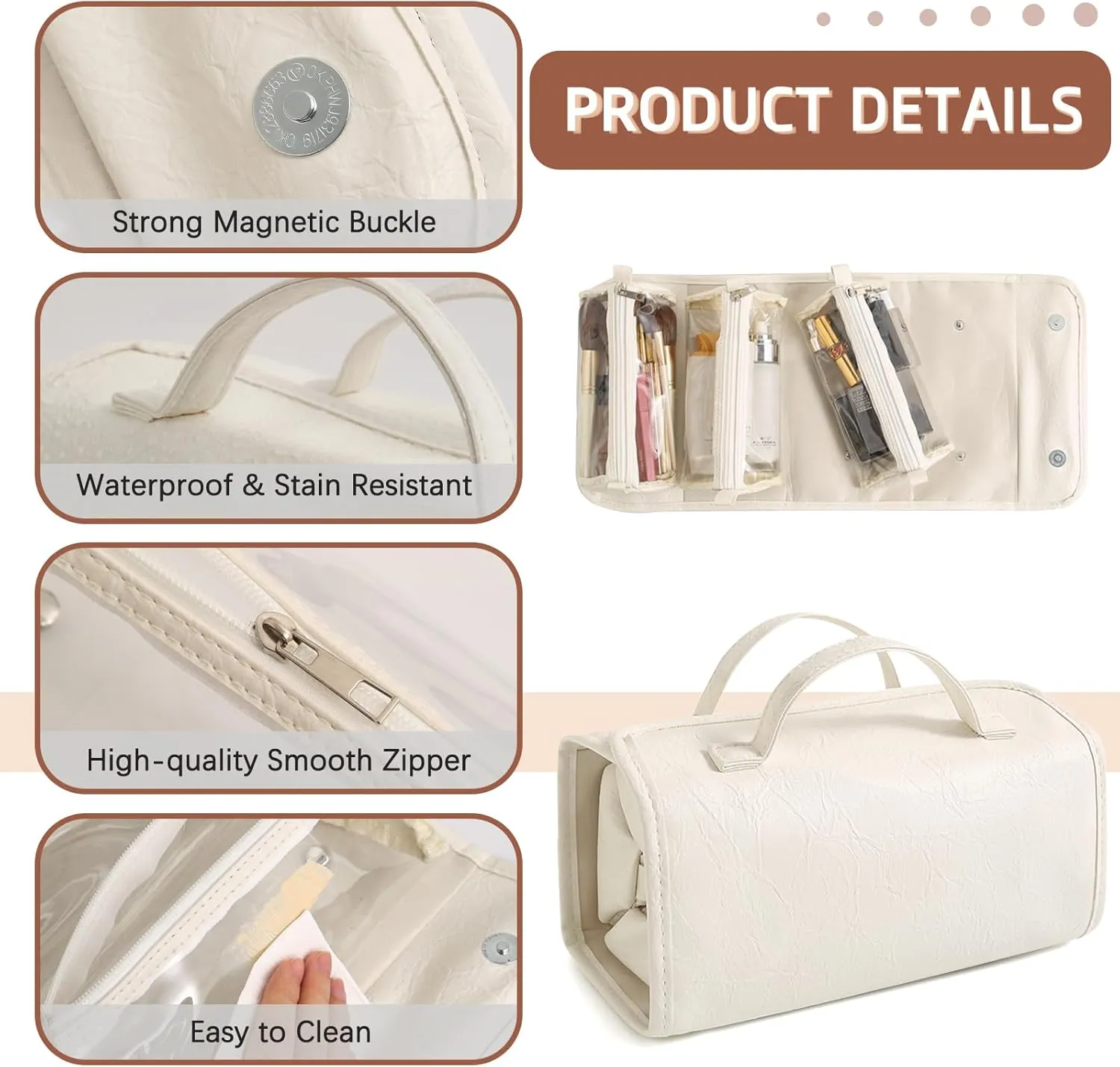 Beige Makeup Bag Travel Bag For Toiletries Makeup Pouches For Women Skin Care Bag Expandable Cosmetic Organizer