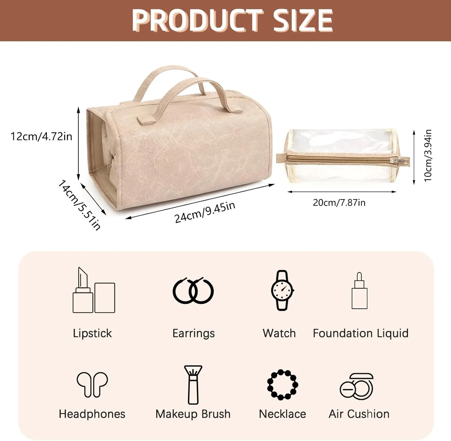Beige Makeup Bag Travel Bag For Toiletries Makeup Pouches For Women Skin Care Bag Expandable Cosmetic Organizer