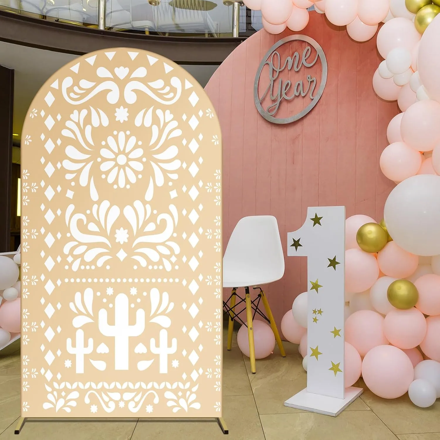 Beige Yellow Arch Backdrop for Baby Shower Mexican Talavera Wedding Party Stretchy Arch Stand Cover Doubleside Banner Baptismx Birthday Decoration Props(Only Cover) (2.6x5.9ft)