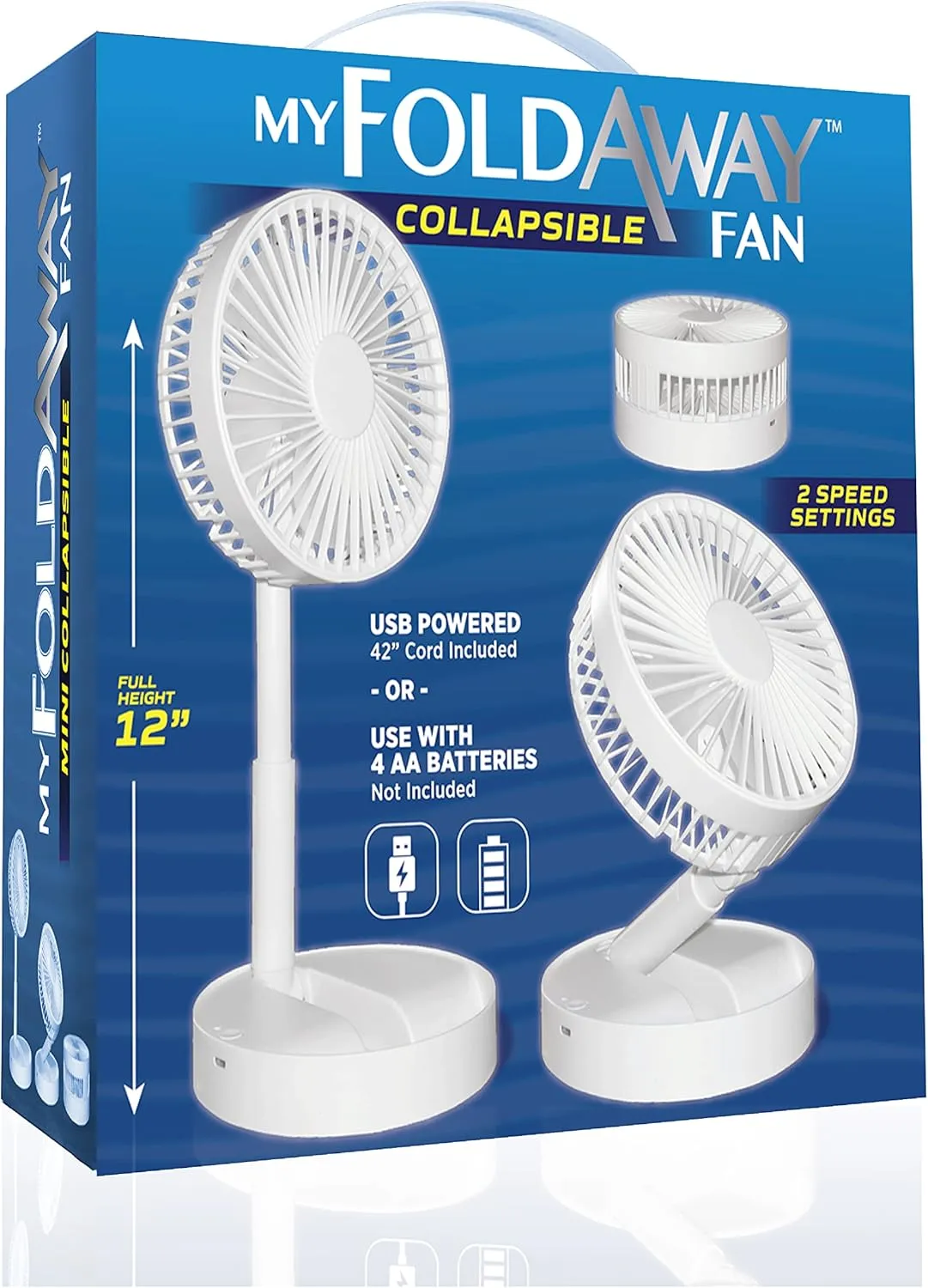 Bell Howell MY FOLDAWAY FAN Rechargeable Fan Collapsible Fan Ultra Lightweight Portable Compact Extendable to 12" High with 2 Speed Modes As Seen On TV
