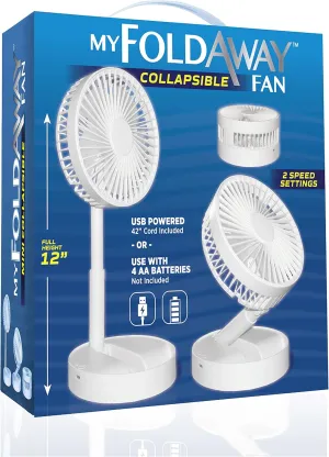 Bell Howell MY FOLDAWAY FAN Rechargeable Fan Collapsible Fan Ultra Lightweight Portable Compact Extendable to 12" High with 2 Speed Modes As Seen On TV