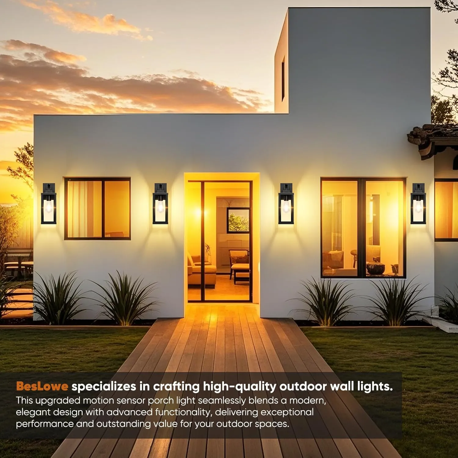 BesLowe 14” Upgraded Motion Sensor Outdoor Wall Lights, Dusk to Dawn Porch Lights Outdoor Wall Sconces, 3 Lighting Modes Exterior Lighting Fixtures with Hooks, Bronze Outside Lights for House, 2-Pack