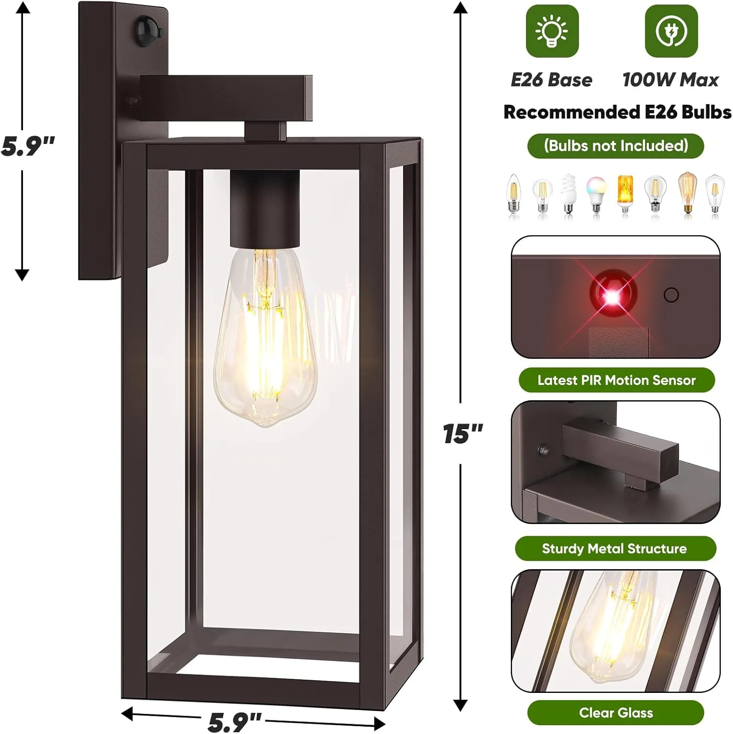 BesLowe Upgraded Motion Sensor Outdoor Wall Lights, 15” Dusk to Dawn Porch Lights Outdoor Wall Sconce Lanterns, 3 Lighting Modes Exterior Lighting Fixtures, Brown Outside Lights for House, 2-Pack