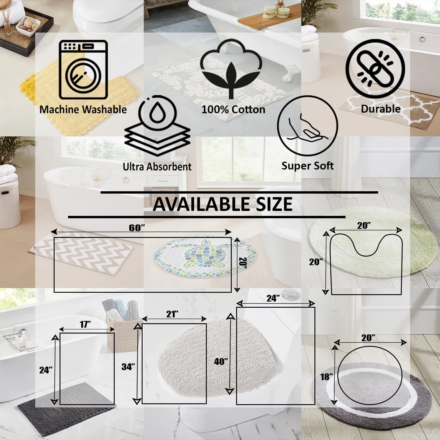 Better Trends 100% Cotton Hotel Collection Bath Mats, White & Ivory Contour Bath Mat - Tufted, Reversible & Absorbent & Machine Washable Bath Mats Toilet Base, 20" x 20"