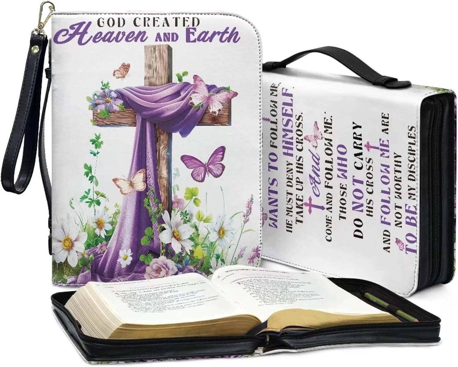 Bible Bag with Black Ribbon for Women Men Bible Cover Carry Case Waterproof Church Bag Portable Handle and Zipper