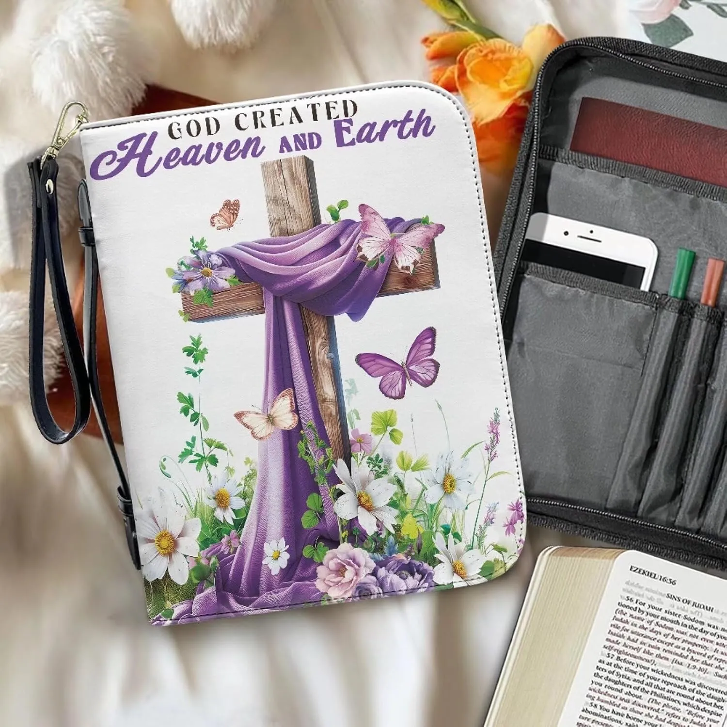 Bible Bag with Black Ribbon for Women Men Bible Cover Carry Case Waterproof Church Bag Portable Handle and Zipper